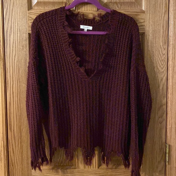 Pink Lily Sweaters - Distressed Burgundy Sweater